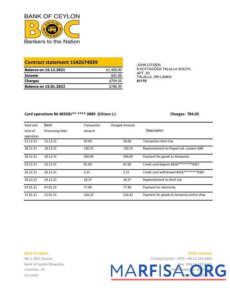 Blank Sri Lanka Bank of Ceylon bank statement excel download for verification